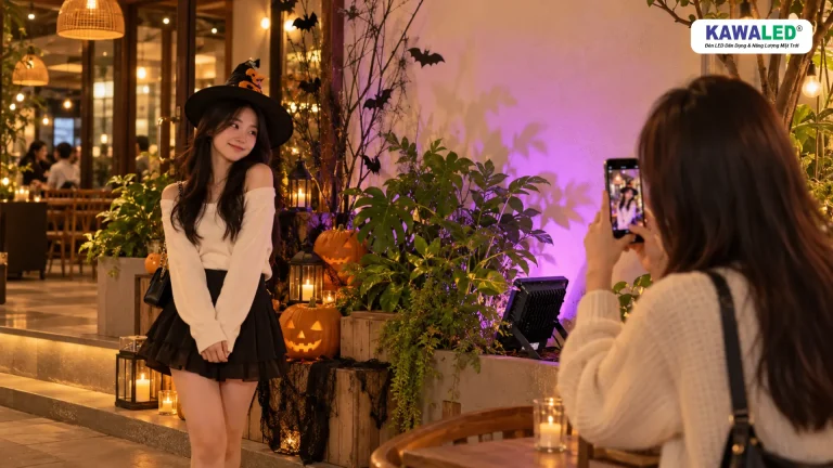 Hai bạn trẻ chụp ảnh tại góc check-in Halloween có ánh sáng màu trang trí và đèn vàng ấm.