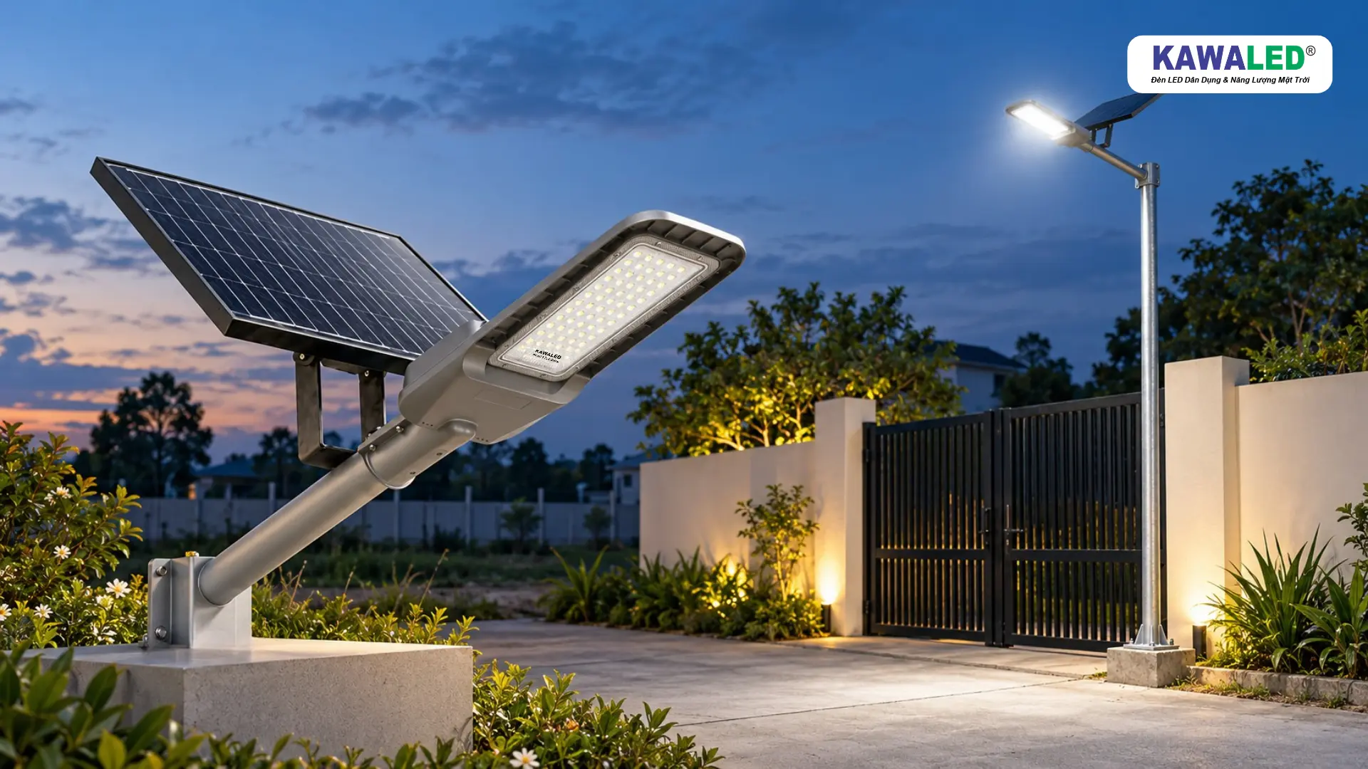 Banner đèn năng lượng mặt trời 200W KAWALED STL2 kết hợp hình ảnh chiếu sáng cổng khu đất ban đêm.
