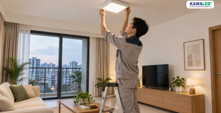 Kỹ thuật viên kiểm tra đèn LED ốp trần vuông trong căn hộ