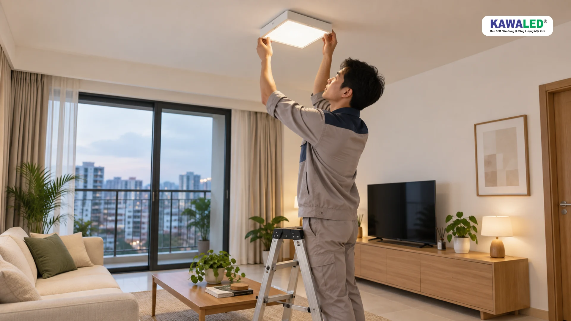 Kỹ thuật viên kiểm tra đèn LED ốp trần vuông trong căn hộ