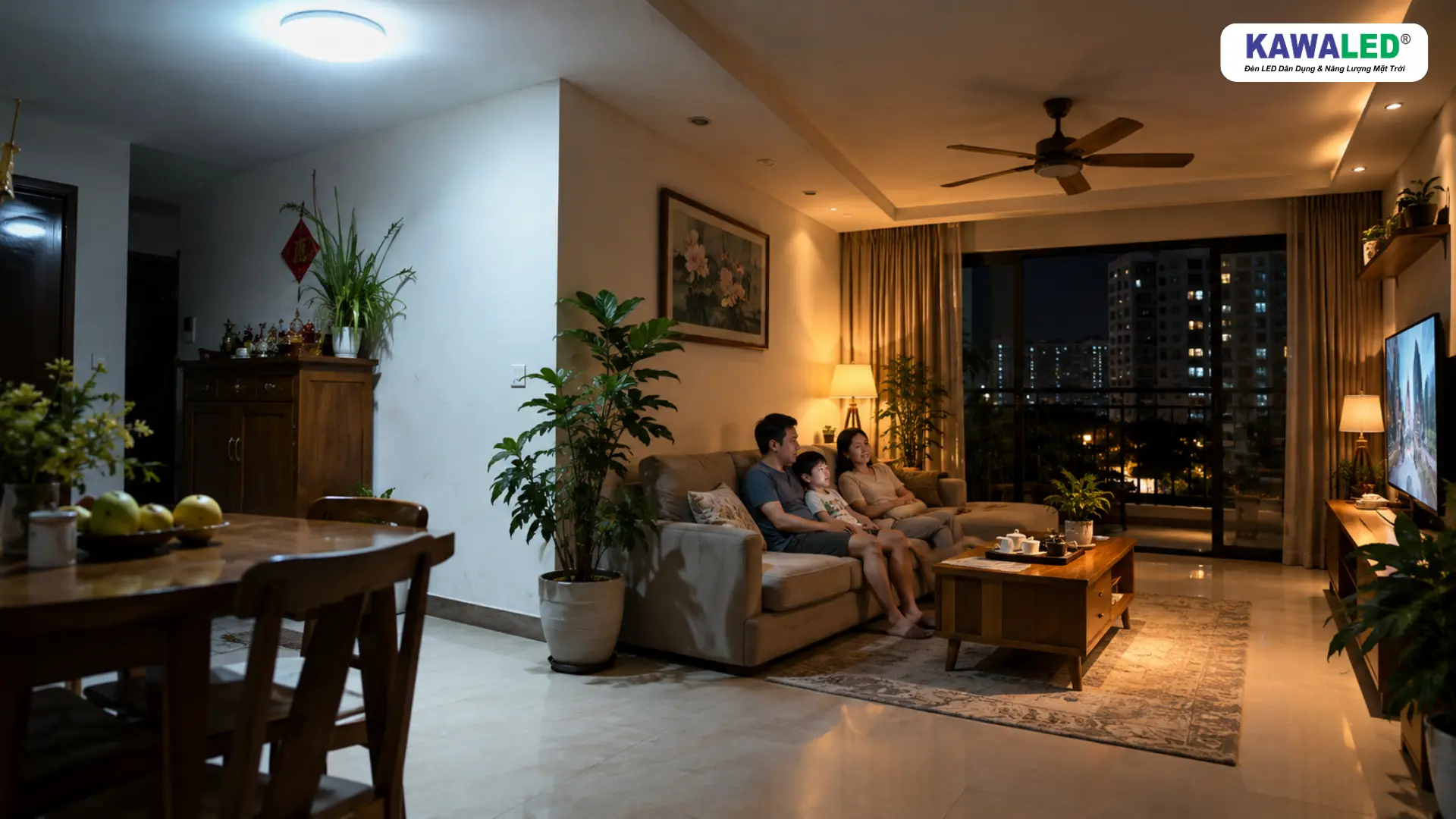 Phòng khách có ánh sáng tập trung mạnh và phân bố chưa đồng đều