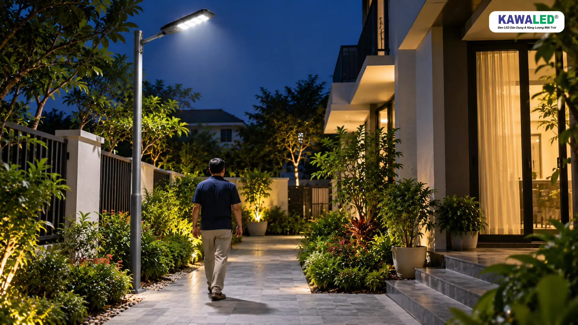 Đèn KAWALED MSL chiếu sáng lối đi sân vườn khi có người di chuyển vào ban đêm