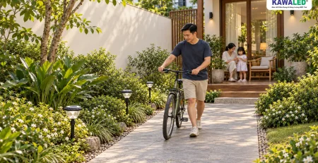 Người bố dắt xe đạp trên lối đá, các đèn cắm cỏ nằm trong bồn cây bên cạnh.