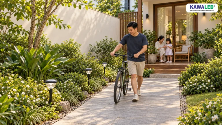 Người bố dắt xe đạp trên lối đá, các đèn cắm cỏ nằm trong bồn cây bên cạnh.