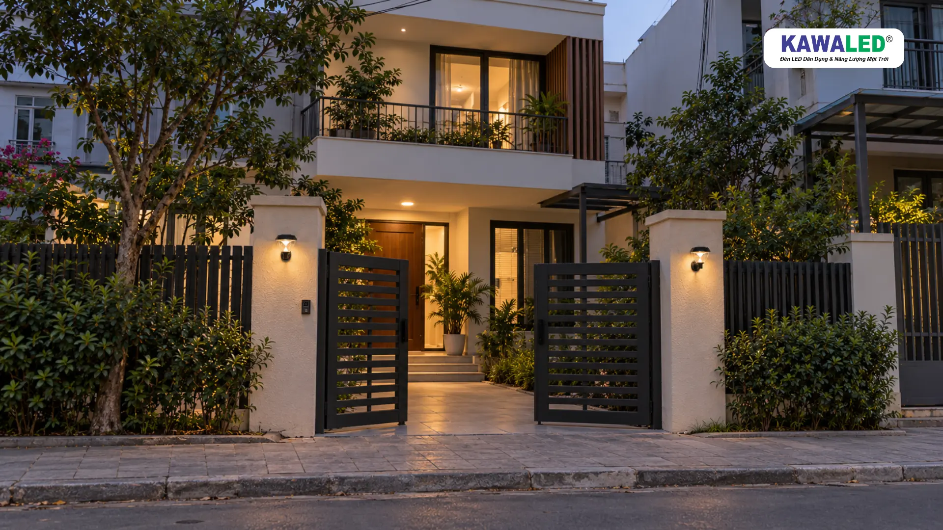 Đèn tường ngoài trời ánh sáng vàng bố trí tại cổng nhà phố hiện đại.
