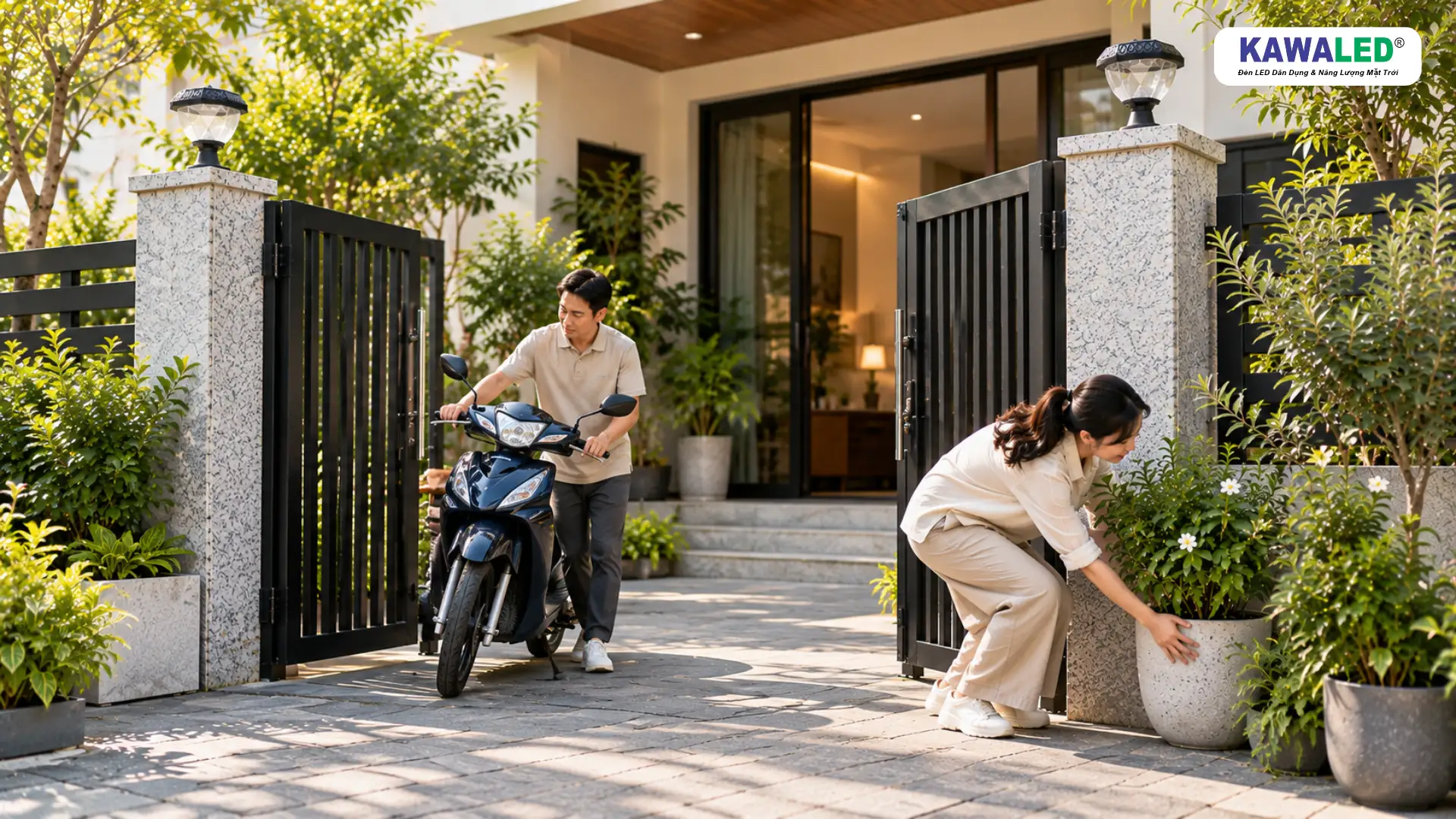 Người đàn ông dắt xe máy qua cổng trong khi người phụ nữ di chuyển chậu cây sát tường.