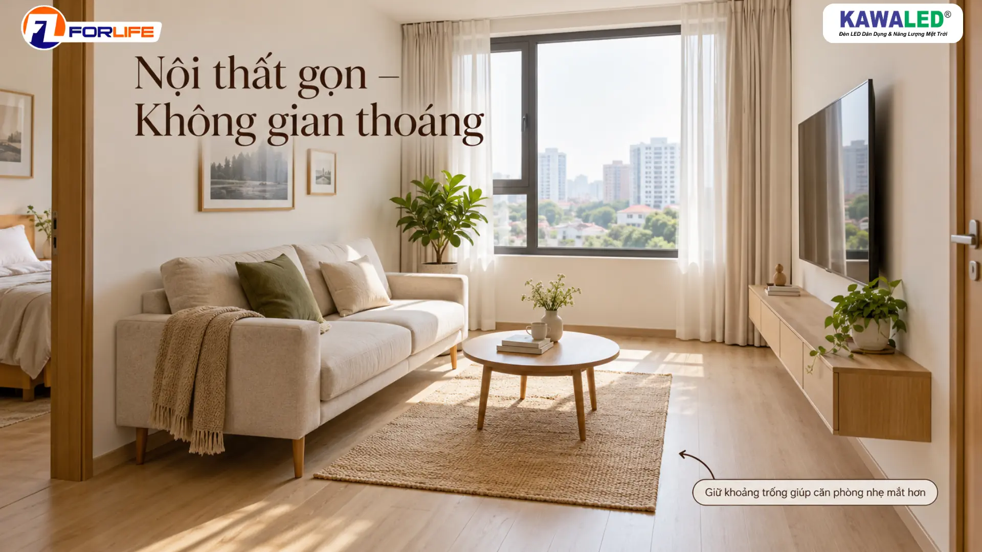 Bố trí nội thất phòng khách nhỏ với sofa chân cao, bàn trà gọn và lối đi thông thoáng