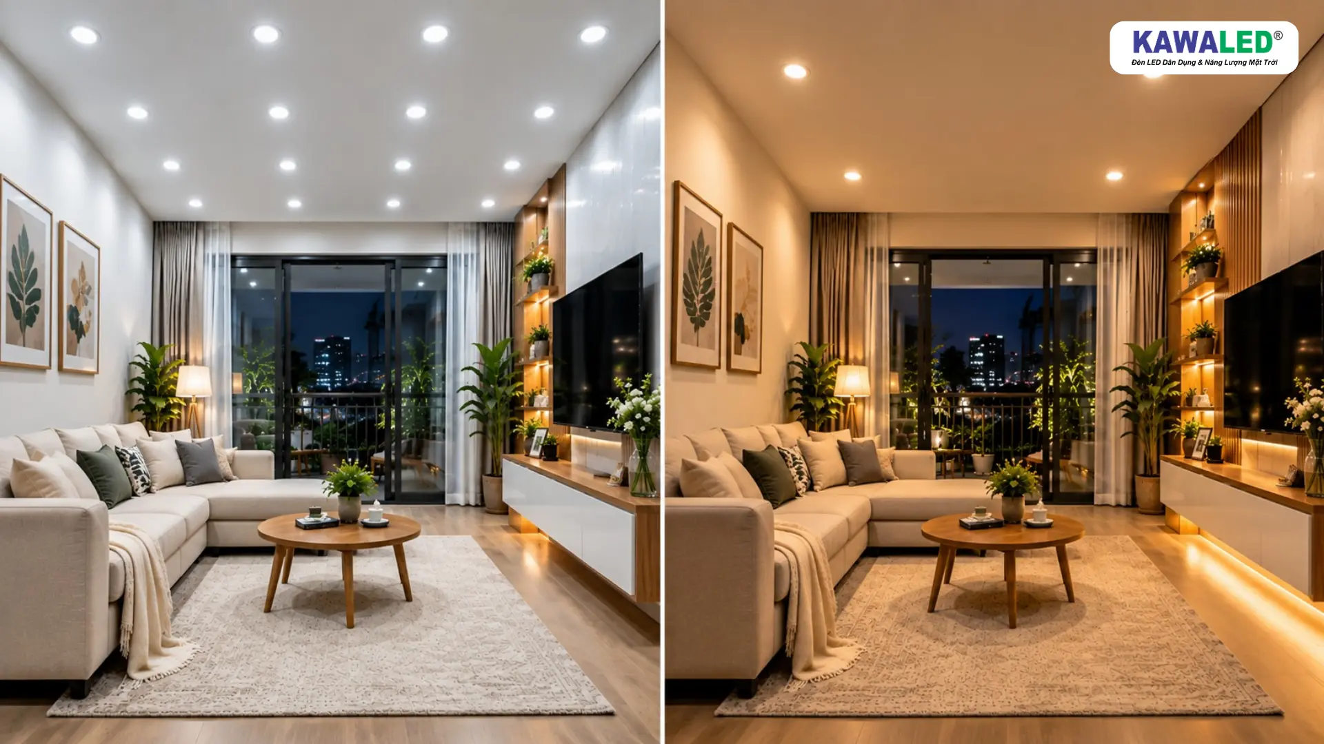 So sánh cách bố trí đèn LED âm trần phòng khách quá dày và bố trí hợp lý