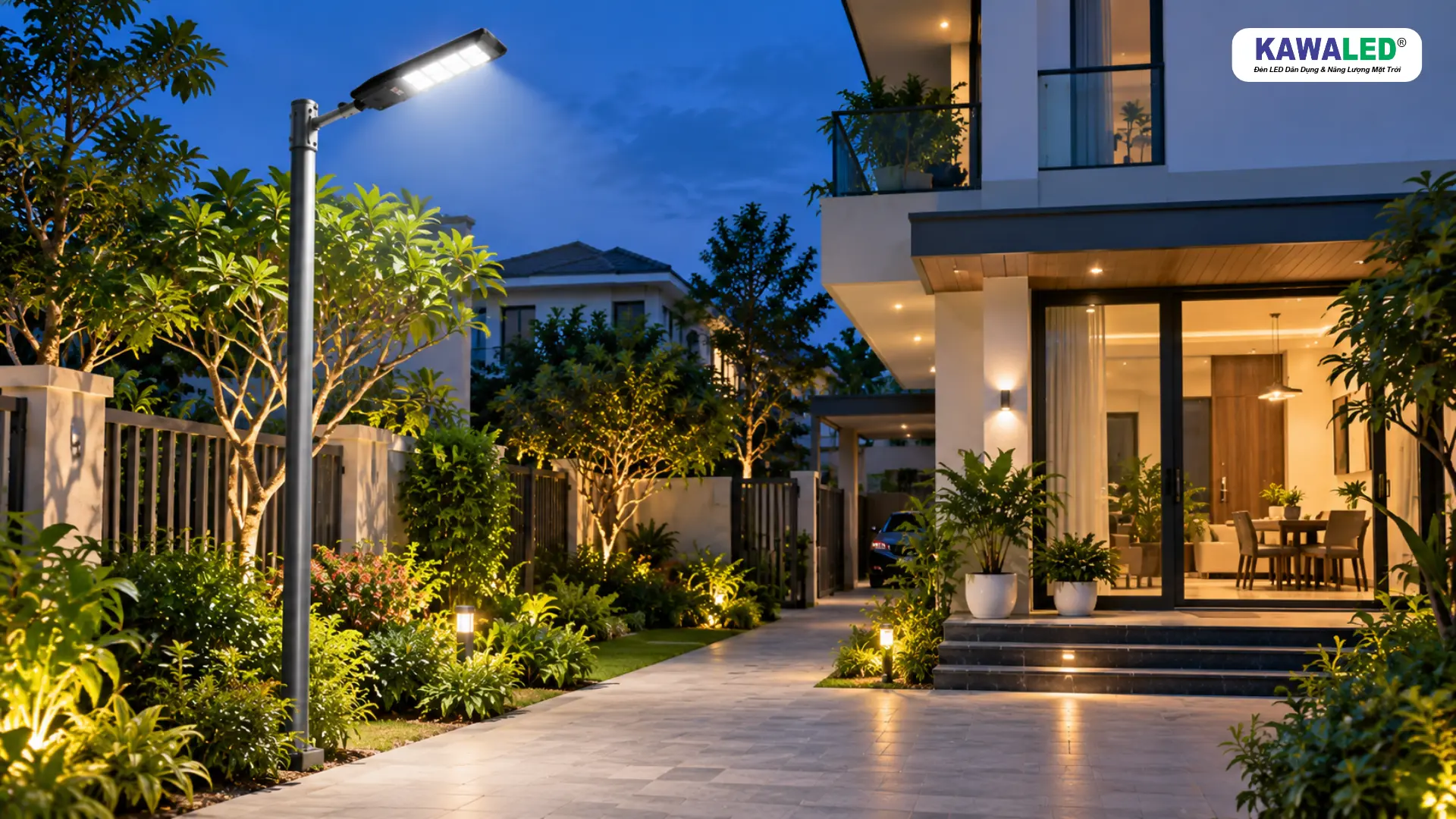 Cách bố trí đèn sân vườn KAWALED MSL chiếu sáng lối đi nhà phố vào ban đêm