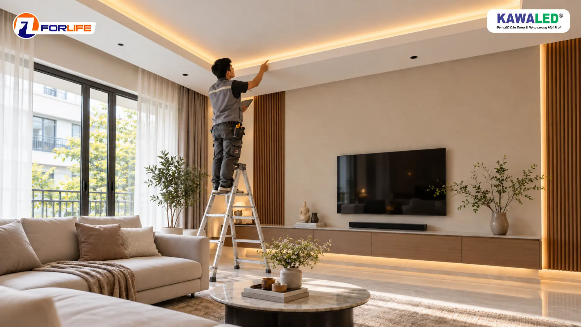 Kỹ thuật viên kiểm tra cách lắp đèn LED dây hắt trần trong nhà phố hiện đại