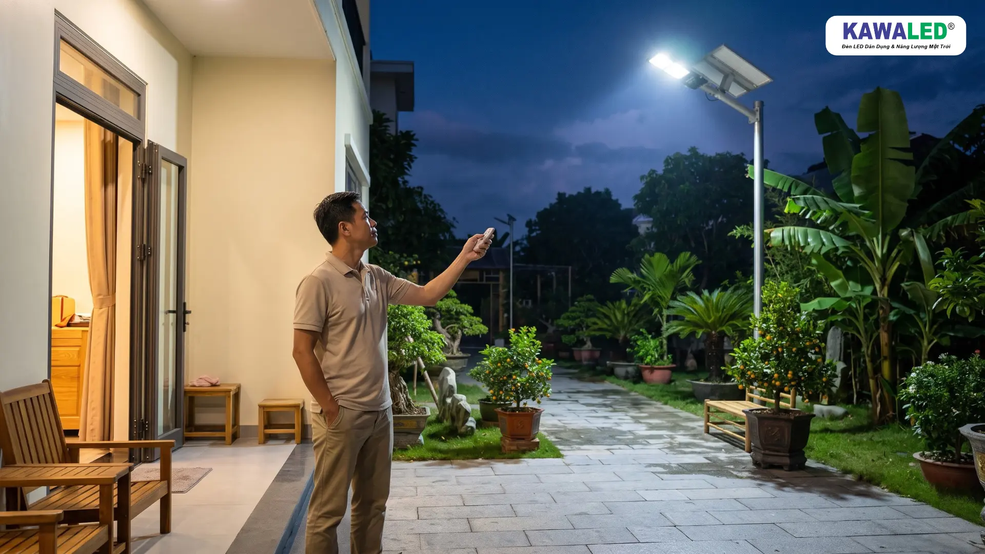 Người đàn ông sử dụng remote điều khiển đèn đường năng lượng mặt trời KAWALED SSL vào buổi tối.