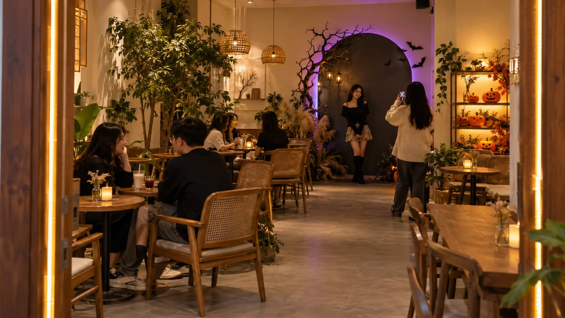 Toàn cảnh quán cà phê trang trí Halloween với viền cửa ánh vàng, phông tím và khách đang chụp ảnh.