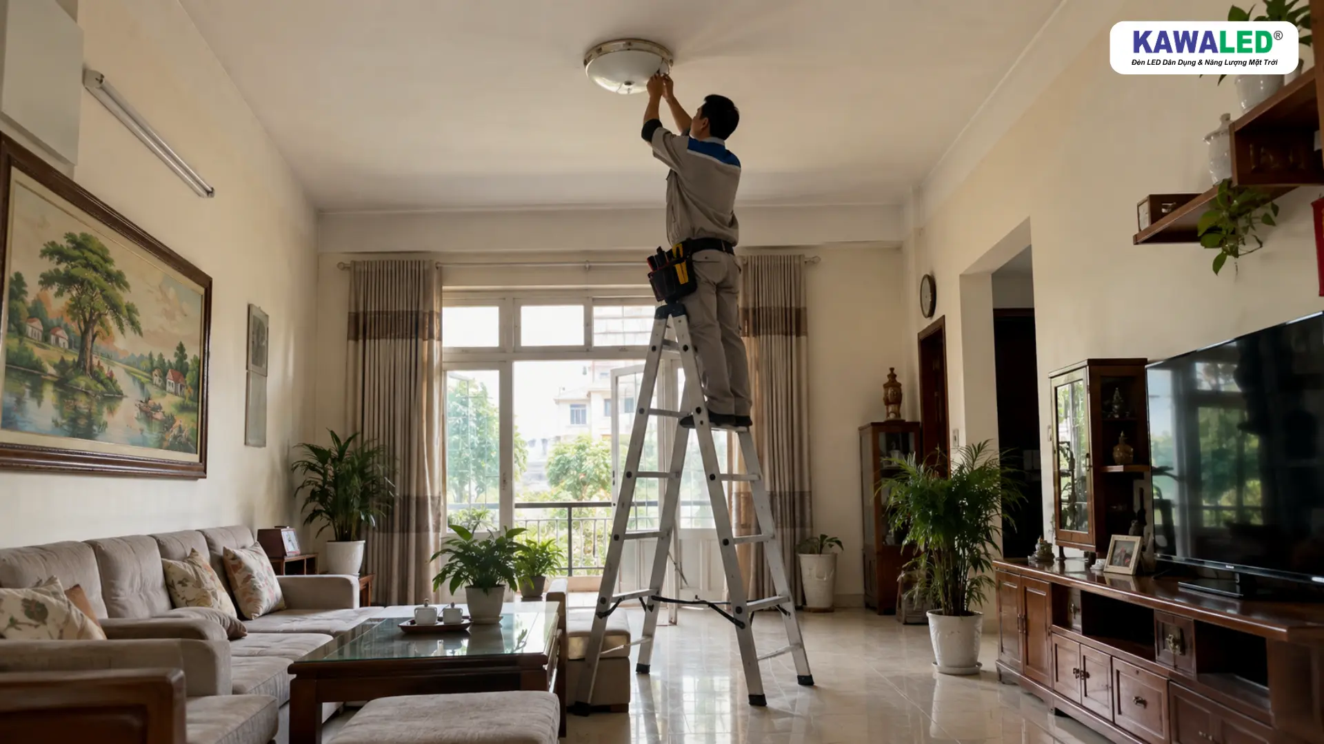 Kỹ thuật viên kiểm tra vị trí đèn LED ốp trần khi cải tạo nhà cũ