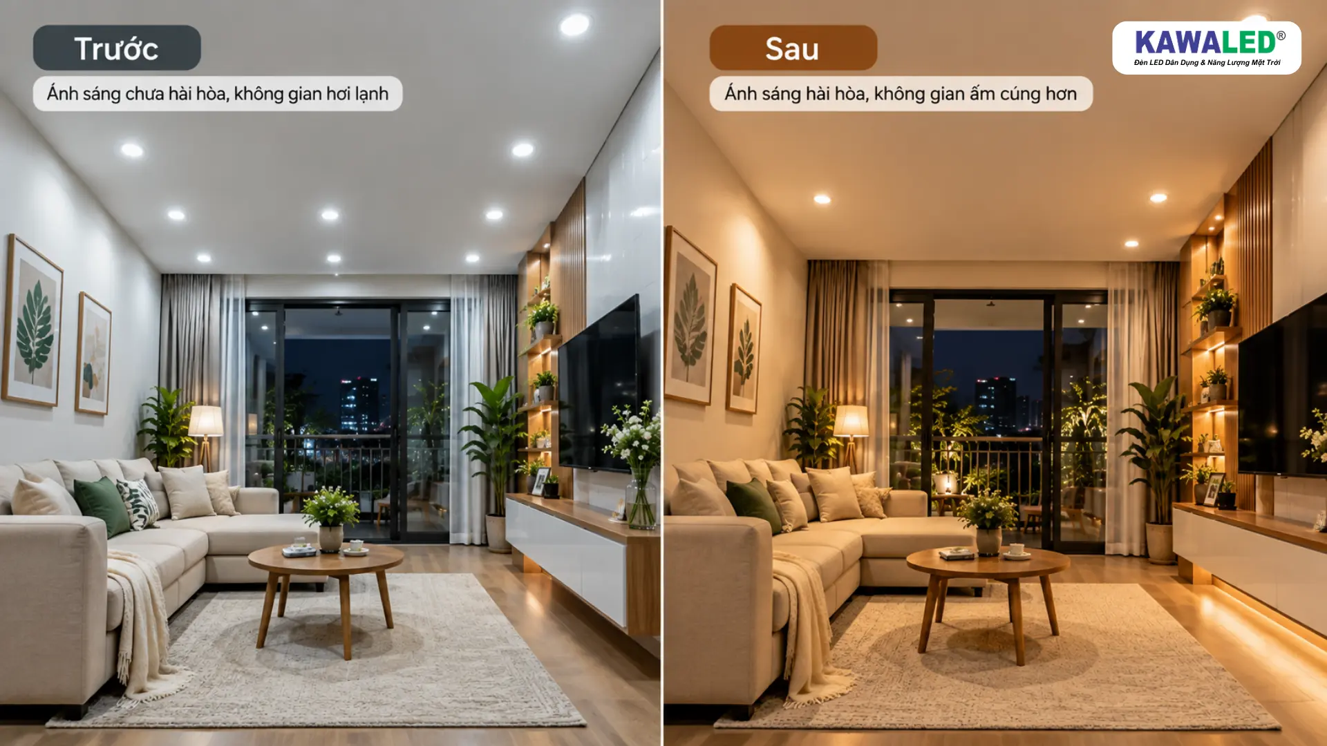 So sánh phòng khách trước và sau khi điều chỉnh màu ánh sáng và cách bố trí đèn