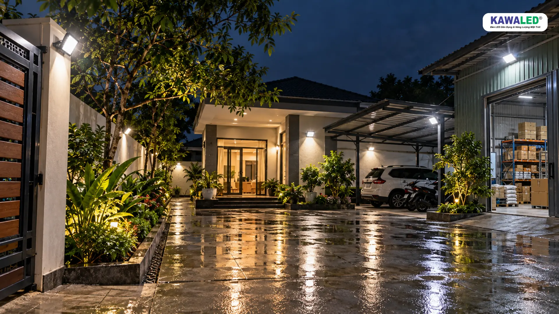 Đèn pha LED ngoài trời bố trí theo từng khu vực sân nhà và bãi xe