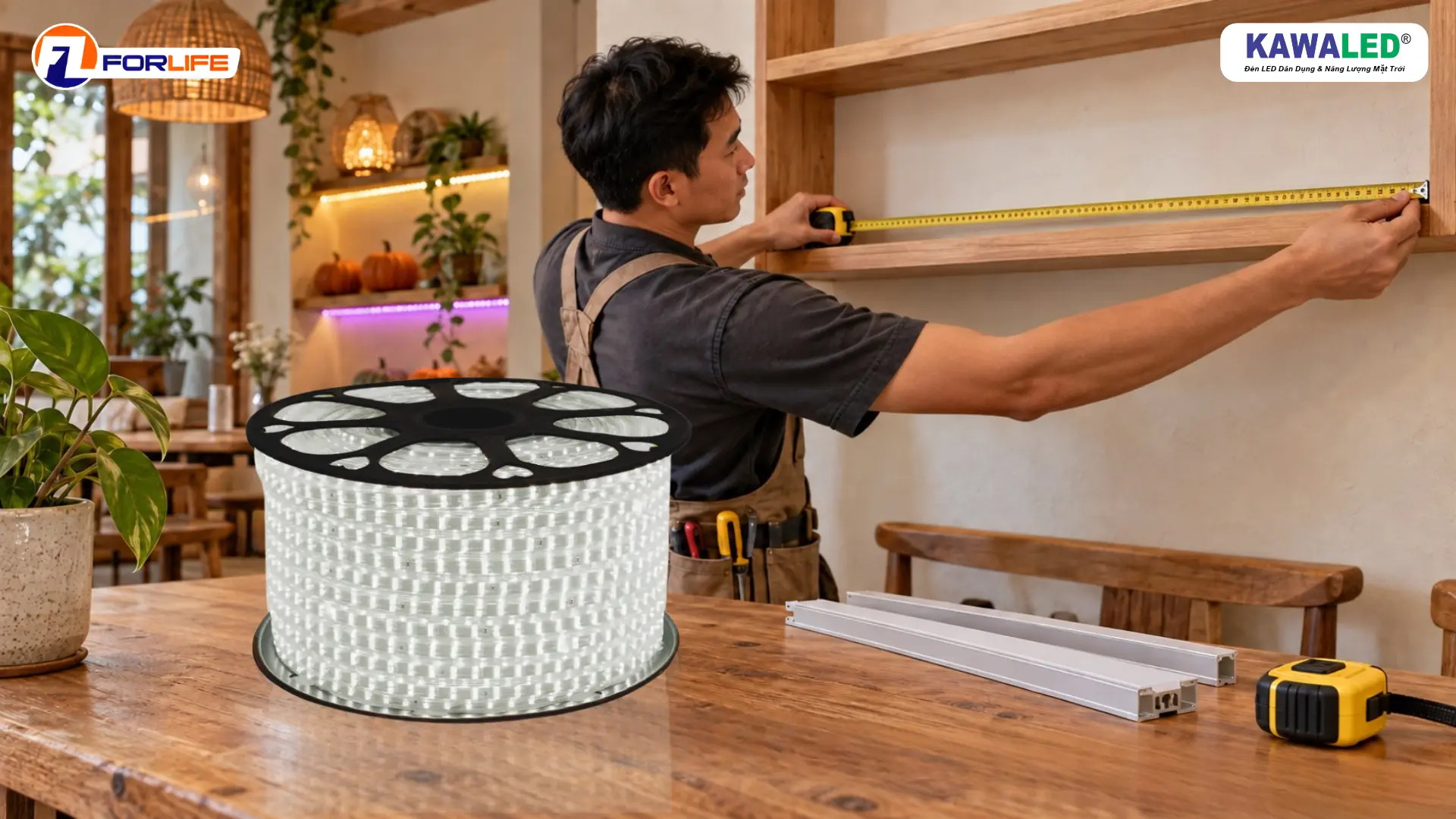 Thợ điện đo chiều dài kệ, trên bàn có cuộn đèn LED dây 2 hàng bóng FL-2H-2835 và nẹp lắp đặt.