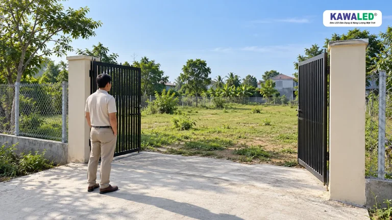 Người đàn ông kiểm tra khu đất chưa xây nhà có cổng sắt, hàng rào và cây xanh.