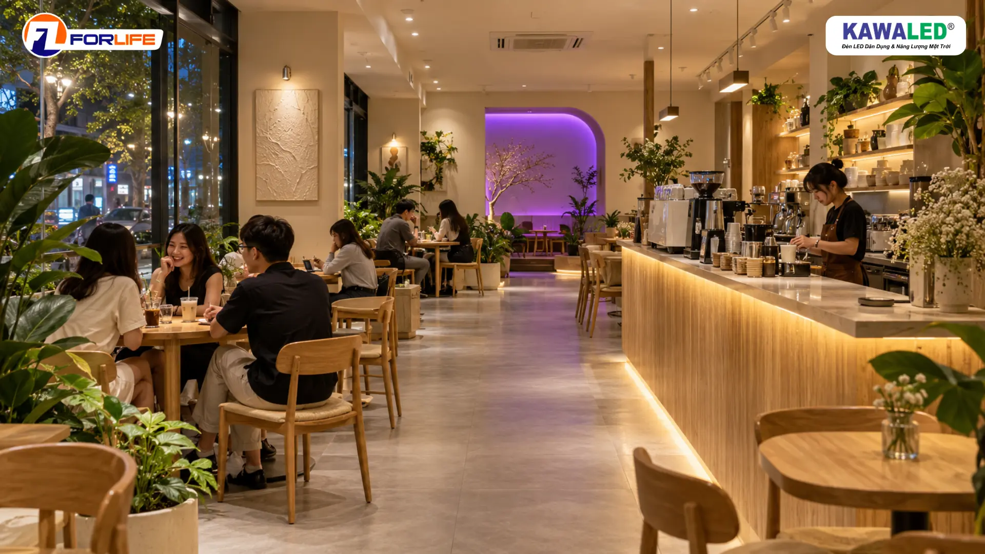 Decor quán cafe nhỏ với LED dây ánh sáng vàng tại quầy pha chế, ánh sáng tím ở góc check-in và đèn trần chiếu sáng hài hòa.