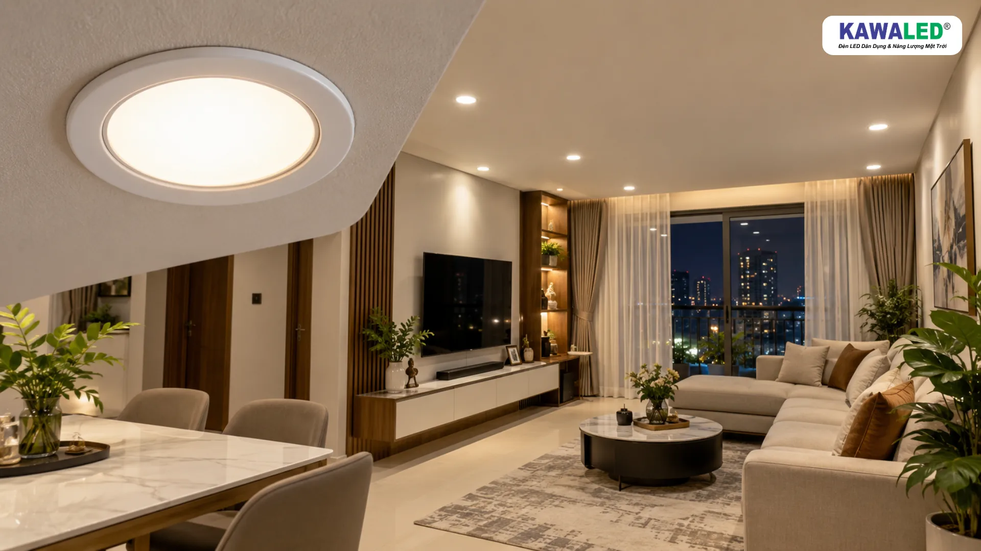 Đèn âm trần 3 màu chiếu sáng phòng khách hiện đại với ánh sáng trung tính