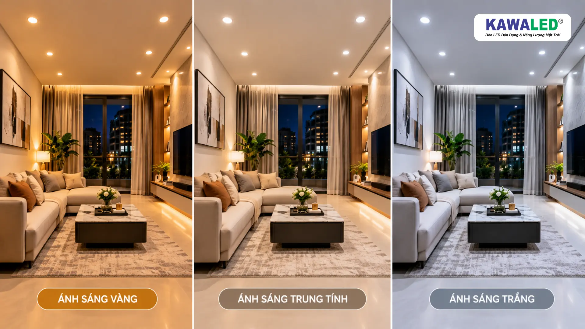 Đèn âm trần 3 màu với ánh sáng vàng trung tính và trắng trong cùng phòng khách