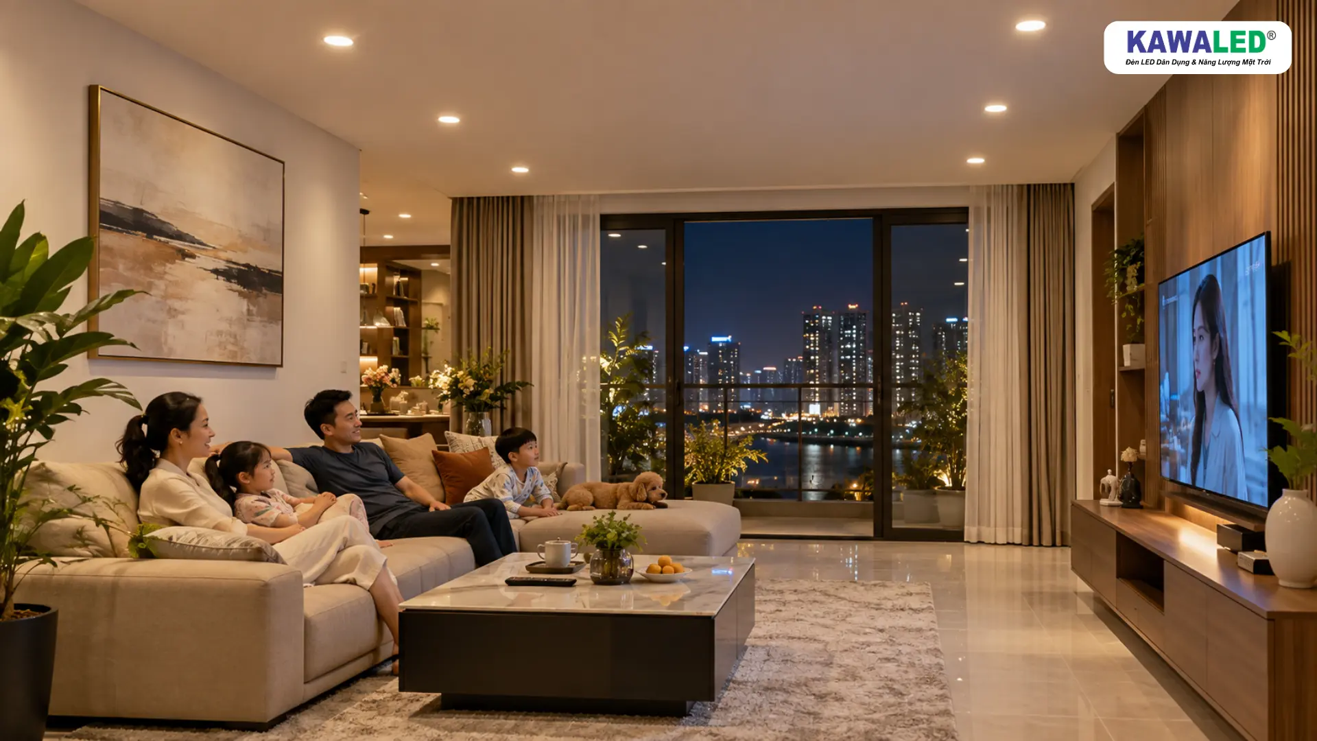 Đèn âm trần phòng khách bố trí thẳng hàng và cân đối trong căn hộ hiện đại