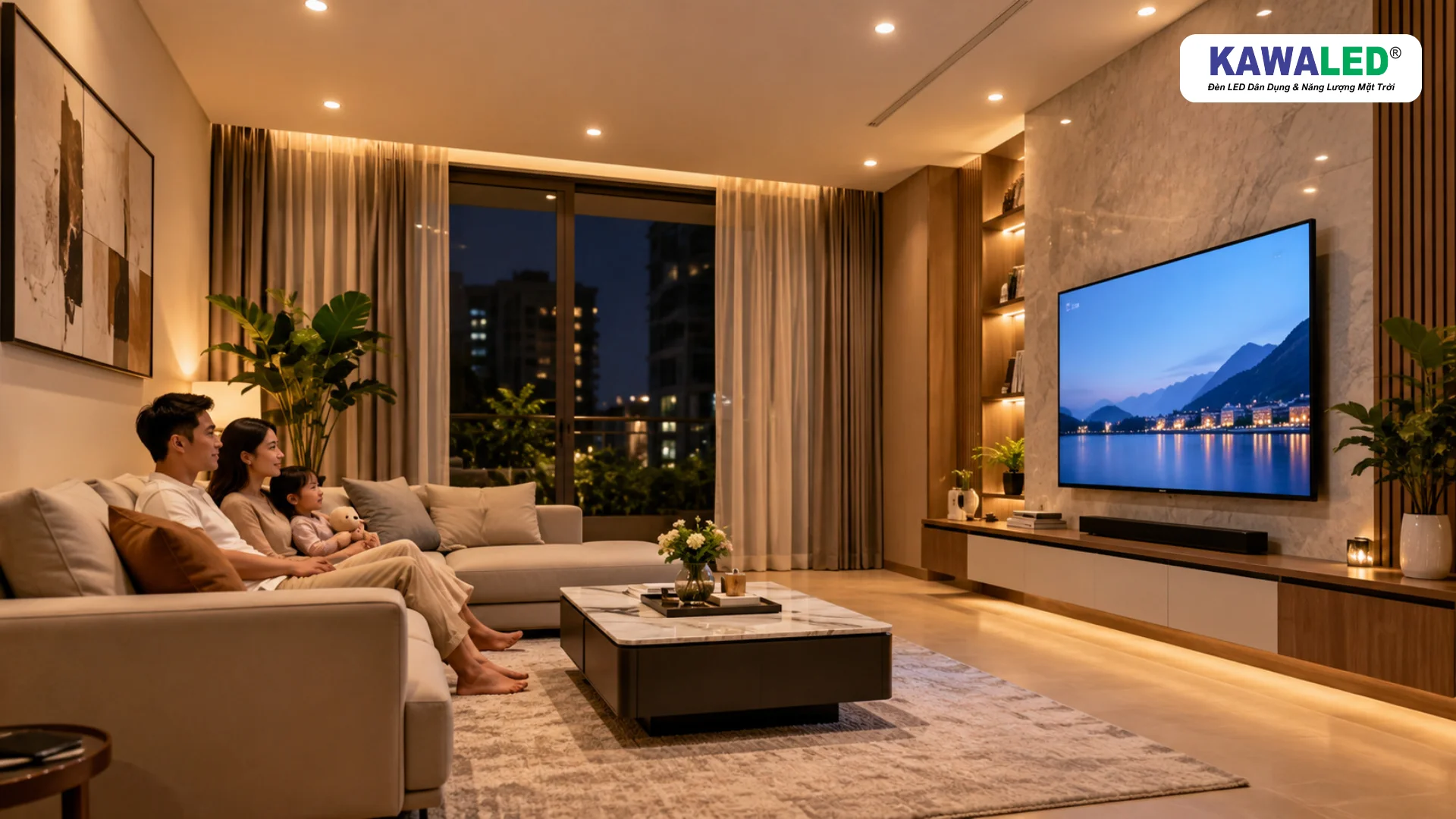 Đèn âm trần phòng khách chiếu sáng dịu cho gia đình xem TV buổi tối