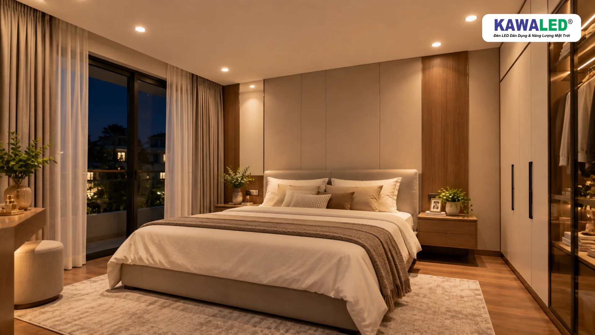 Đèn âm trần phòng ngủ bố trí quanh giường với ánh sáng ấm dịu