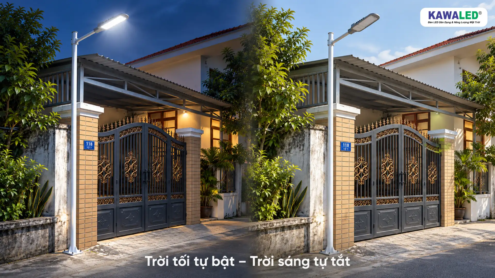 Đèn cảm ứng ánh sáng KAWALED SST tự bật khi trời tối và tự tắt khi trời sáng tại cổng nhà.