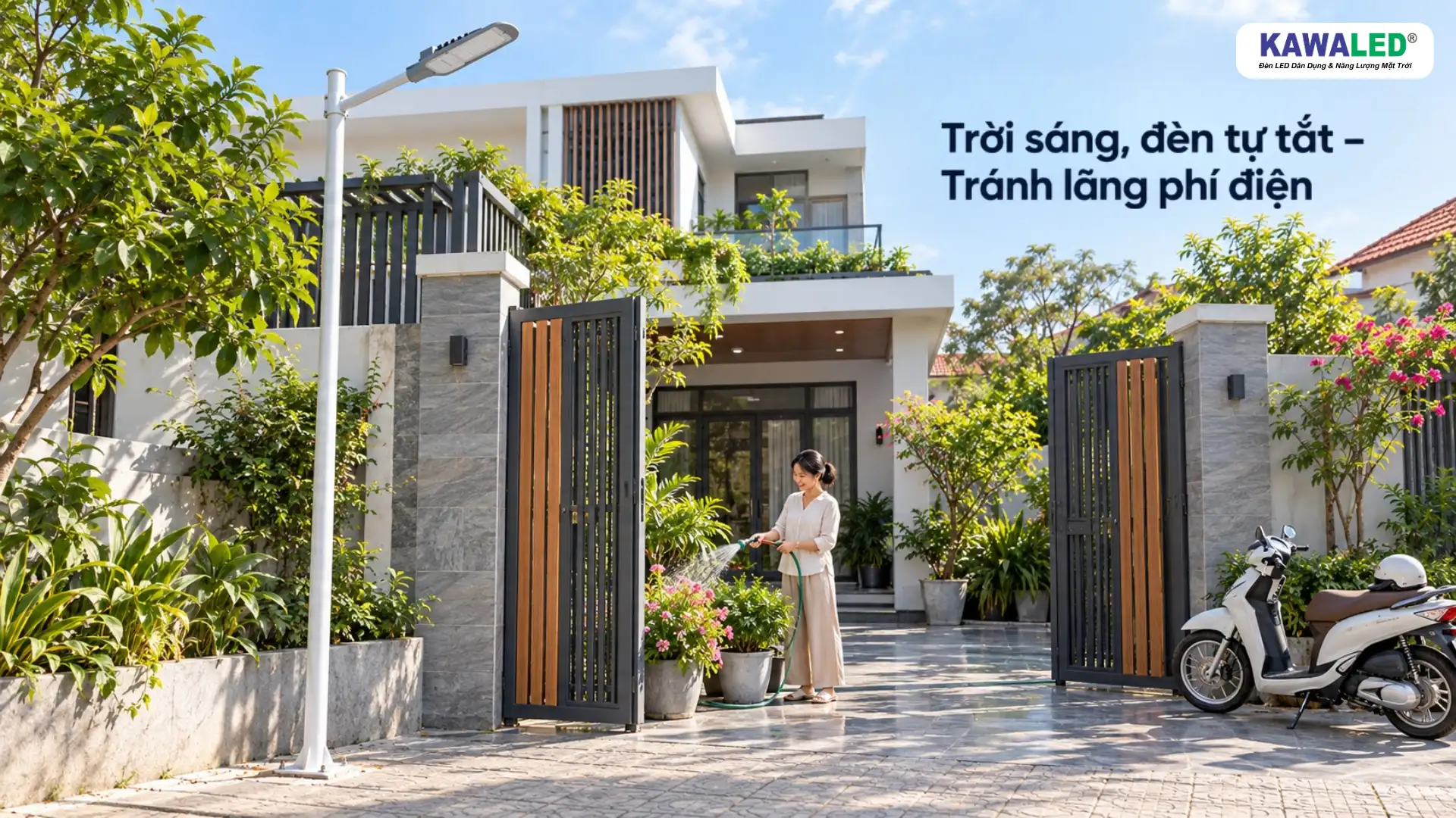 Đèn cảm ứng ánh sáng tự tắt vào ban ngày tại sân nhà hiện đại, hạn chế tiêu thụ điện không cần thiết.