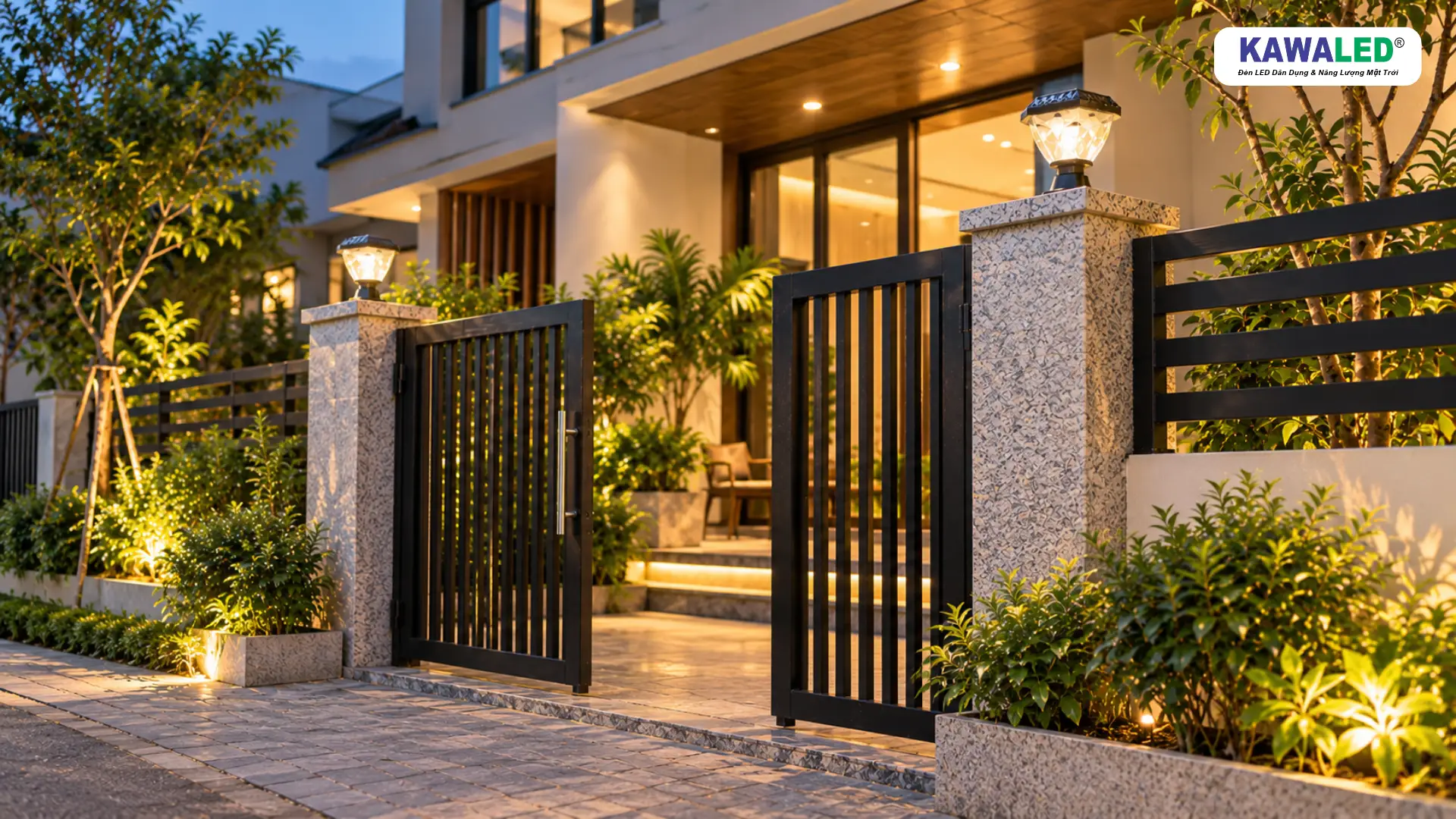 Đèn cổng năng lượng mặt trời KAWALED SGC1-3M trang trí hai trụ cổng nhà phố hiện đại vào buổi tối.