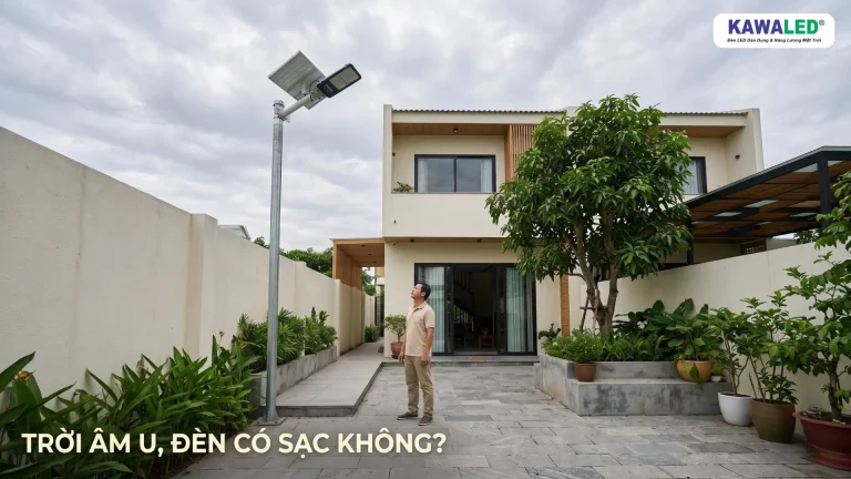 Đèn đường năng lượng mặt trời KAWALED SSL lắp trên cột thép tại sân nhà trong ngày trời âm u.