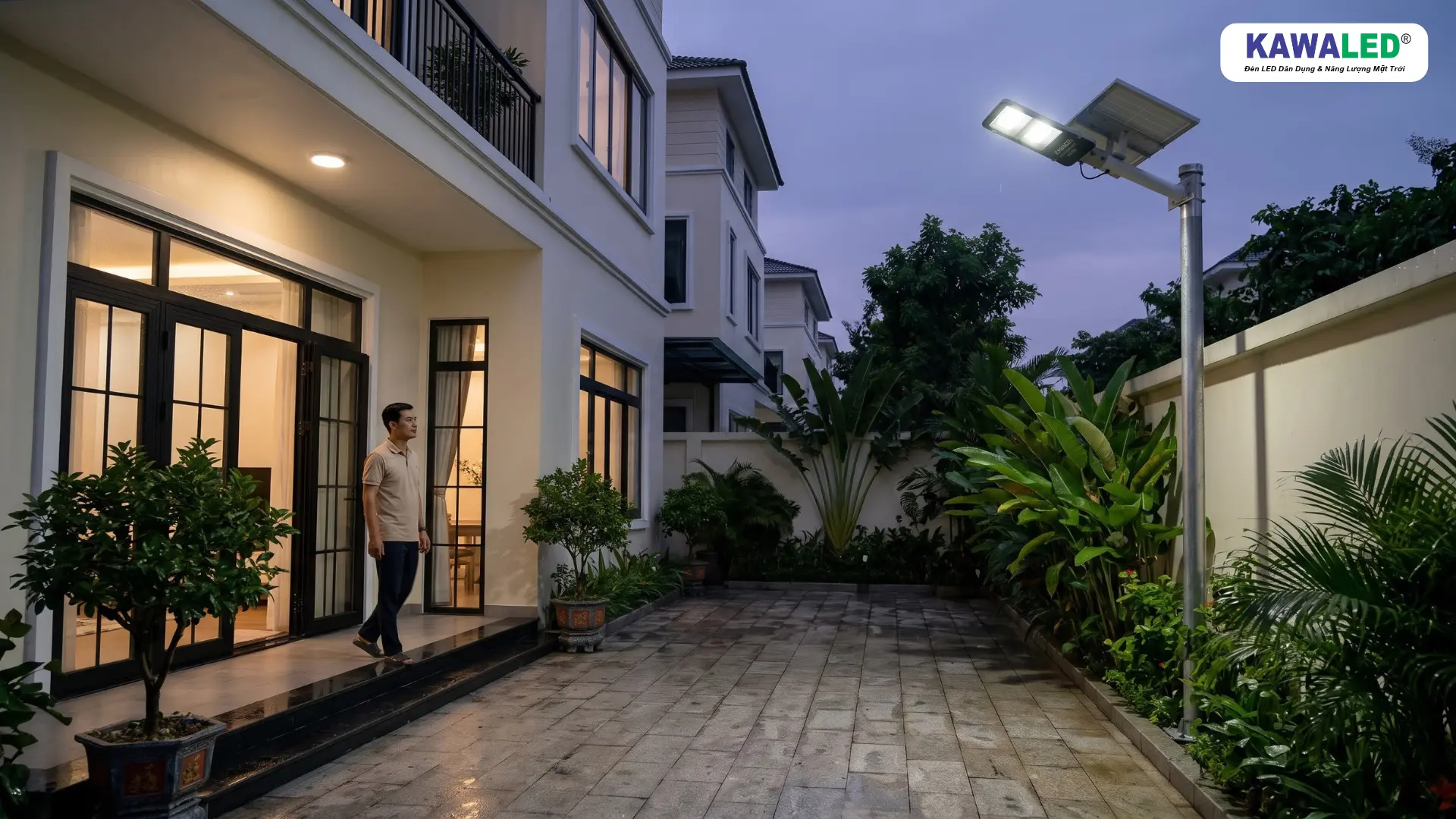 Đèn đường năng lượng mặt trời KAWALED chiếu sáng sân nhà vào buổi tối sau ngày mưa.