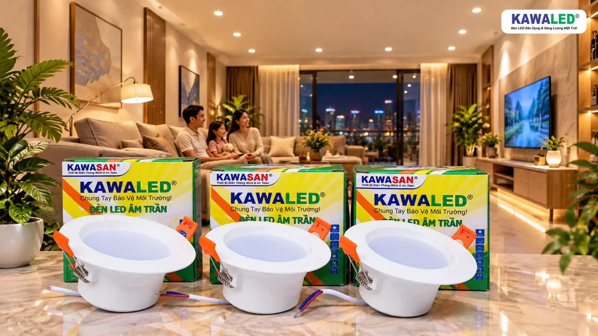Đèn LED âm trần 3 màu DL3M KAWALED và hộp sản phẩm trong không gian phòng khách