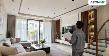Kỹ thuật viên kiểm tra vị trí lắp đèn LED âm trần trong nhà đang hoàn thiện
