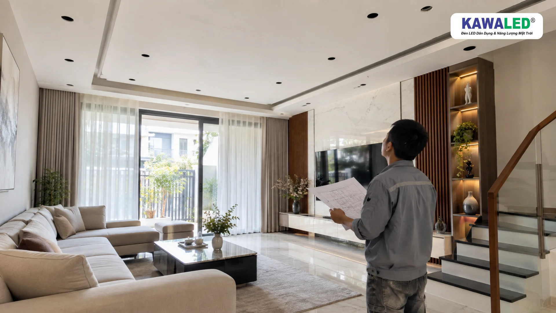 Kỹ thuật viên kiểm tra vị trí lắp đèn LED âm trần trong nhà đang hoàn thiện
