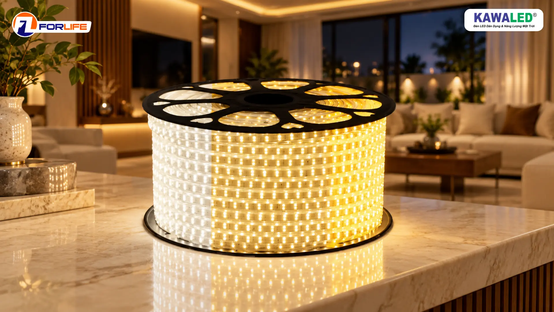 Cuộn đèn LED dây 3 chế độ màu FL-2835-3CĐ FORLIFE KAWALED với thiết kế hai hàng bóng