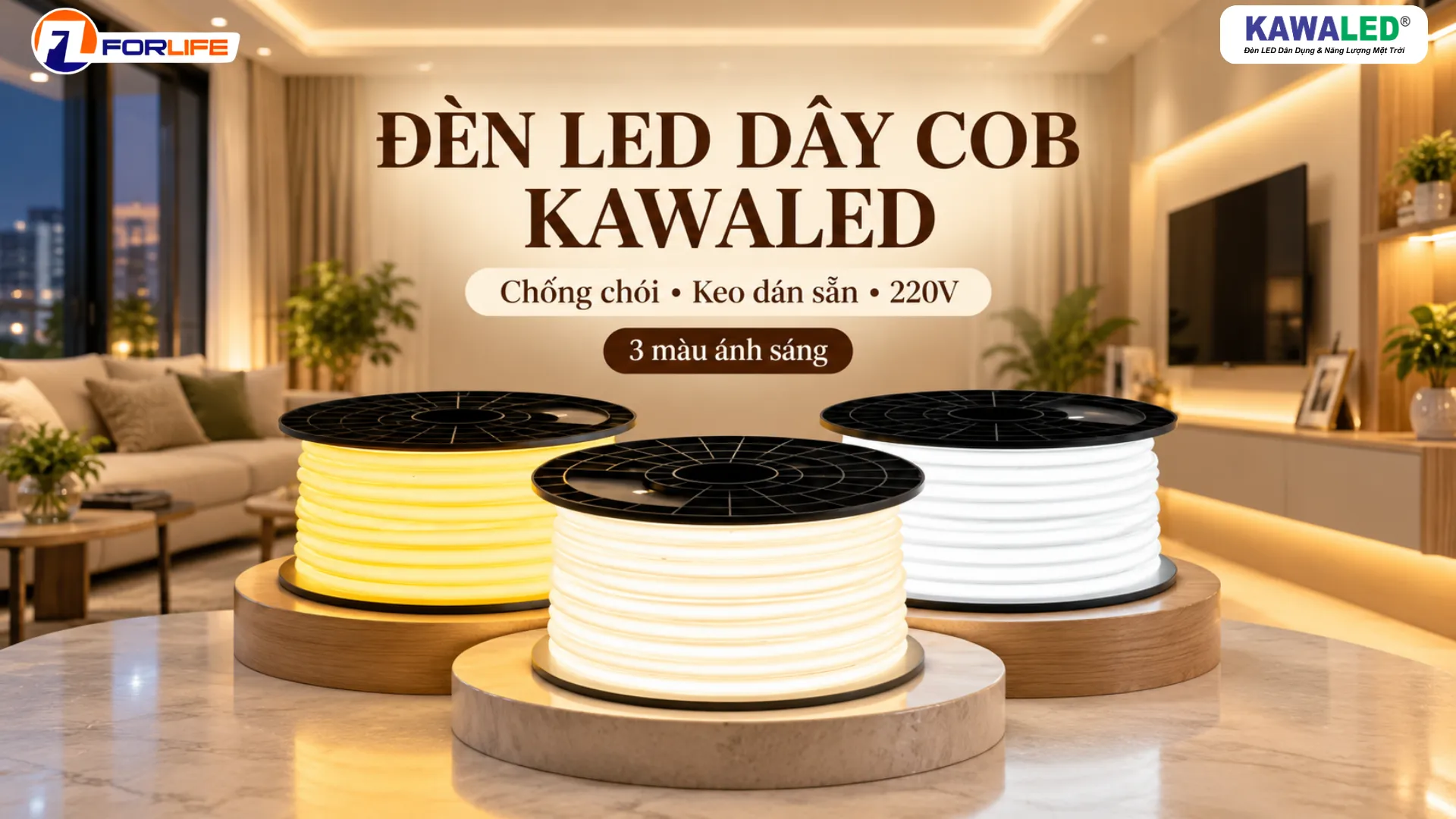 Đèn LED dây COB KAWALED chống chói 220V có keo dán sẵn với ba lựa chọn màu ánh sáng