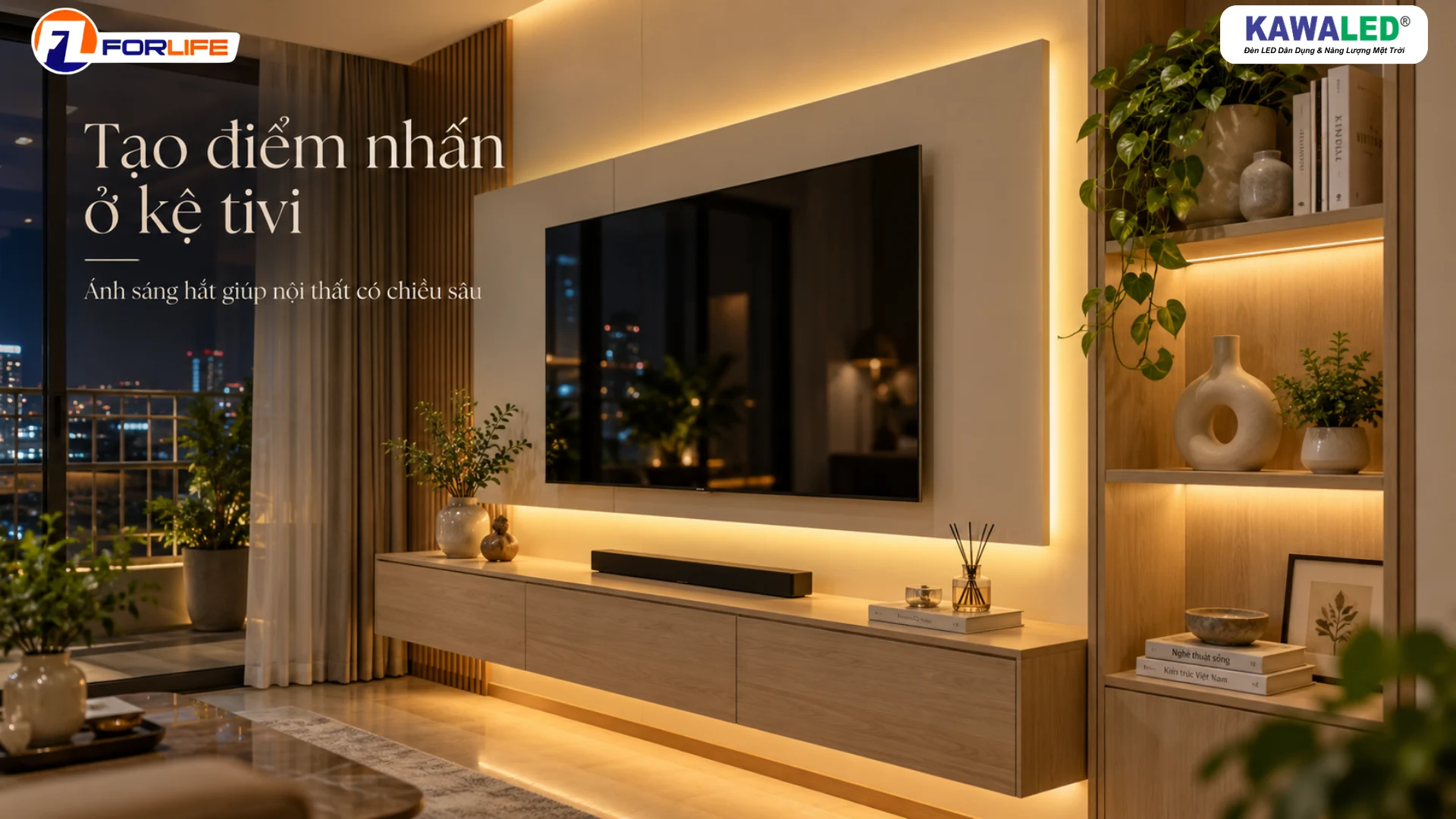 Đèn LED dây COB ánh sáng vàng ấm hắt sau kệ tivi và tủ trang trí phòng khách