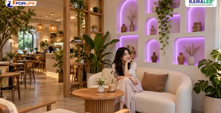 Đèn LED dây đổi màu KAWALED phát ánh sáng tím trong các hốc tường trang trí tại góc check-in quán cà phê.