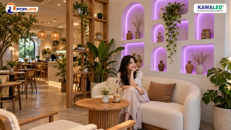 Đèn LED dây đổi màu KAWALED phát ánh sáng tím trong các hốc tường trang trí tại góc check-in quán cà phê.