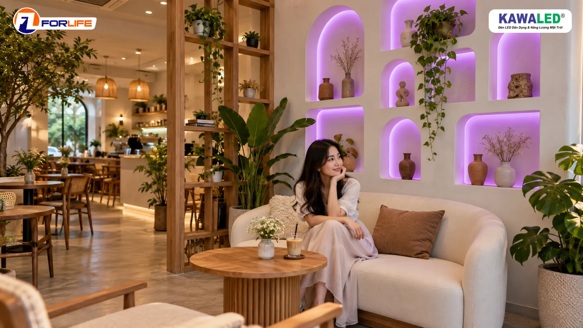 Đèn LED dây đổi màu KAWALED phát ánh sáng tím trong các hốc tường trang trí tại góc check-in quán cà phê.