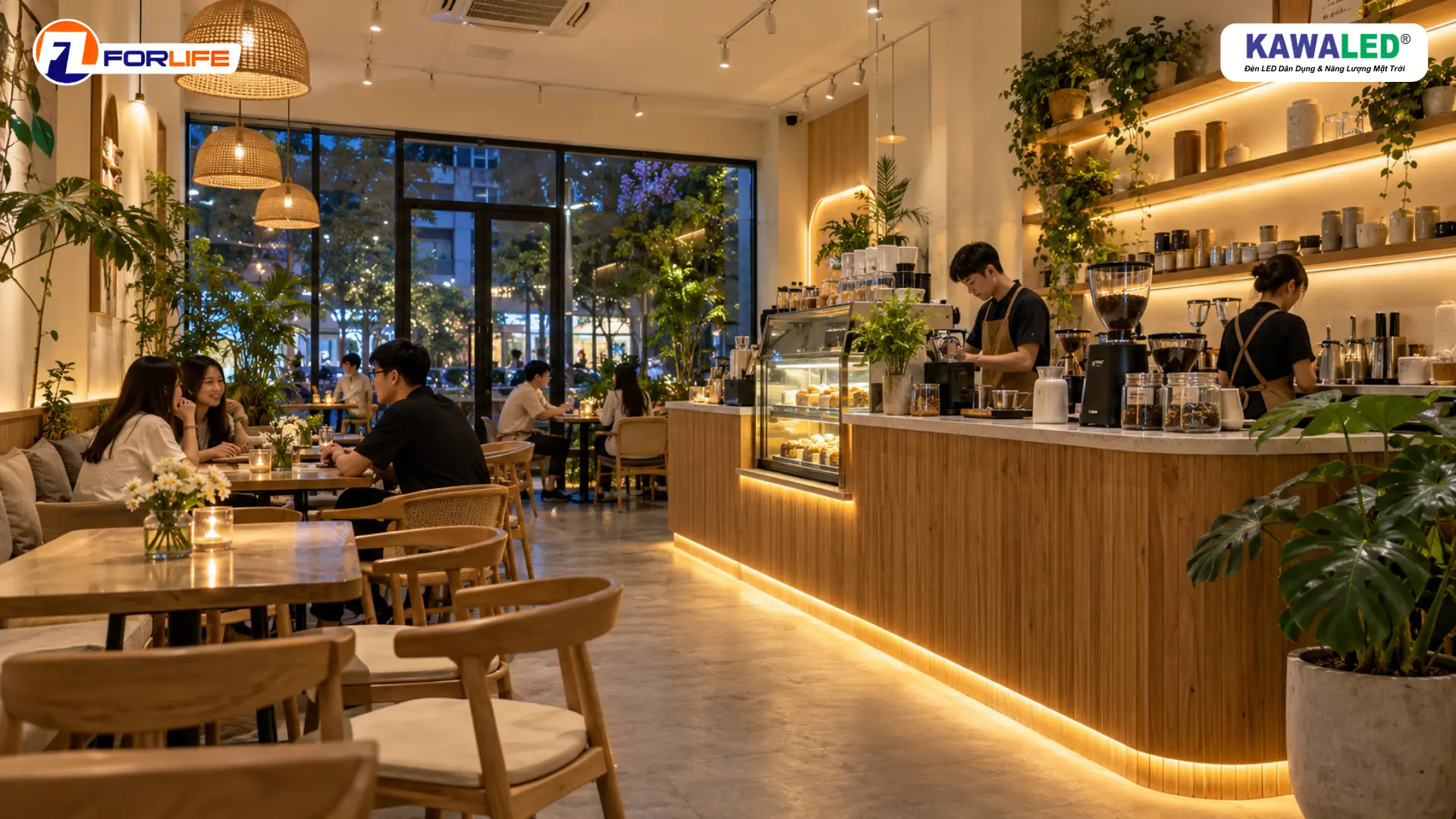 Đèn LED dây đổi màu ánh sáng vàng trang trí quầy pha chế và kệ gỗ trong quán cà phê hiện đại.