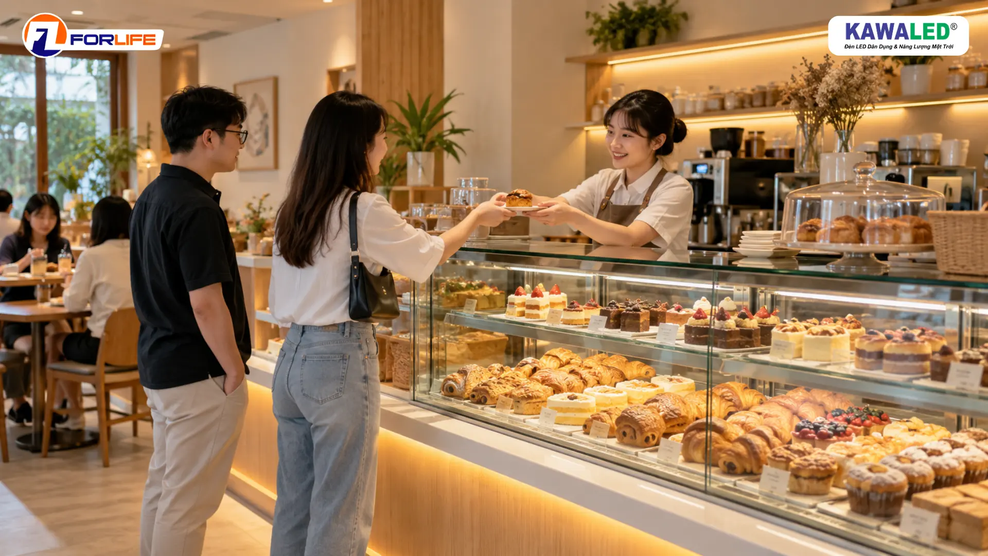 Quầy bánh trong quán cà phê sử dụng ánh sáng trung tính để trưng bày sản phẩm và LED dây vàng trang trí phía dưới.