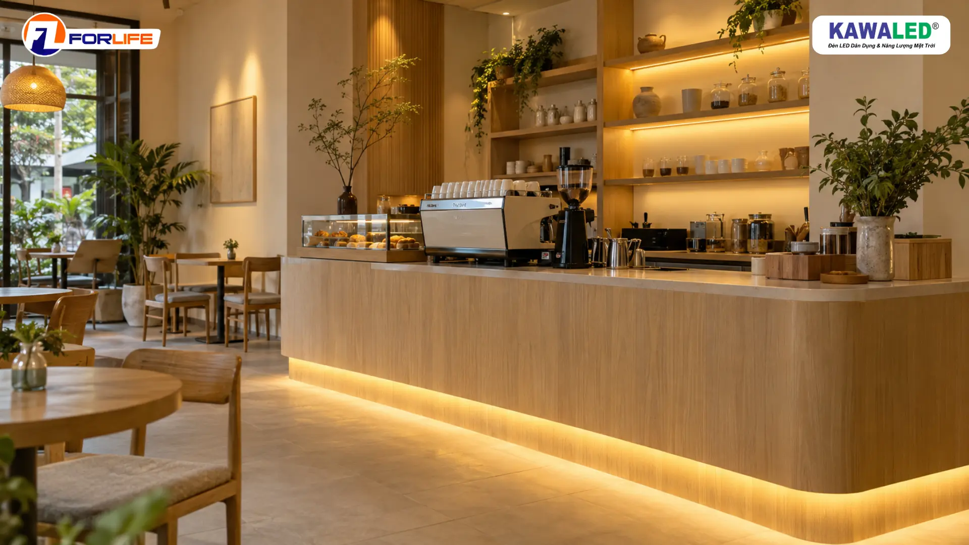 Đèn LED dây trang trí ánh sáng vàng hắt dưới quầy pha chế và kệ gỗ trong quán cà phê nhỏ.