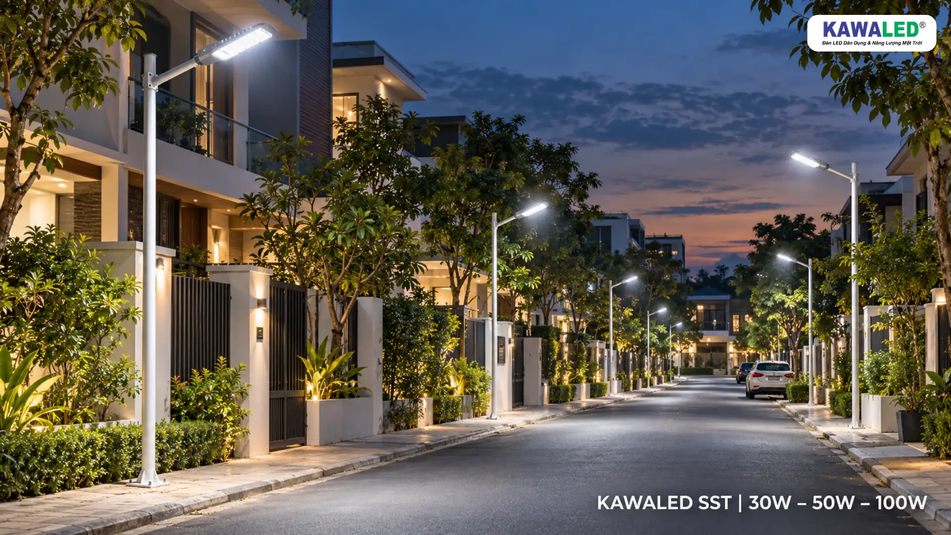 Đèn LED đường phố cảm ứng ánh sáng KAWALED SST chiếu sáng đường nội bộ khu dân cư hiện đại.