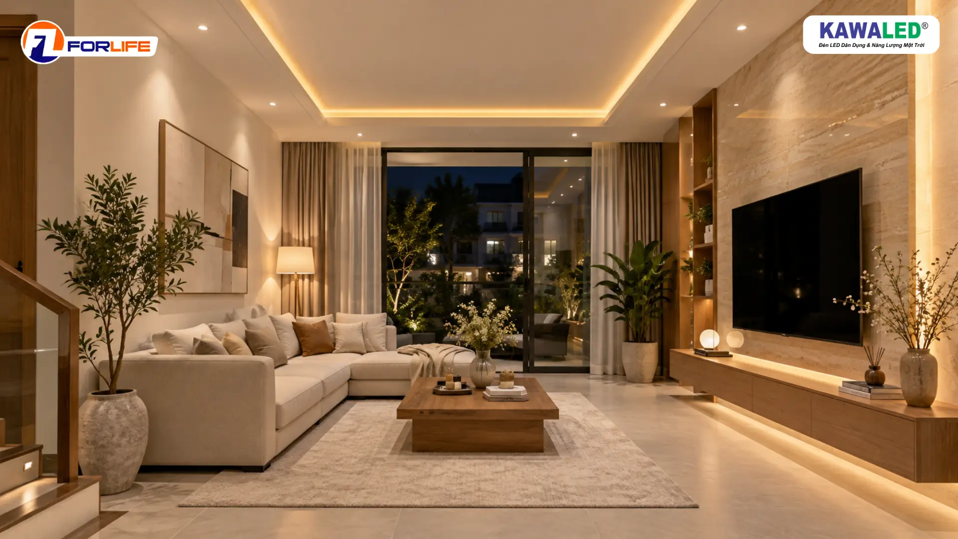 Đèn LED hắt trần đổi màu ánh sáng vàng ấm trong phòng khách nhà phố hiện đại
