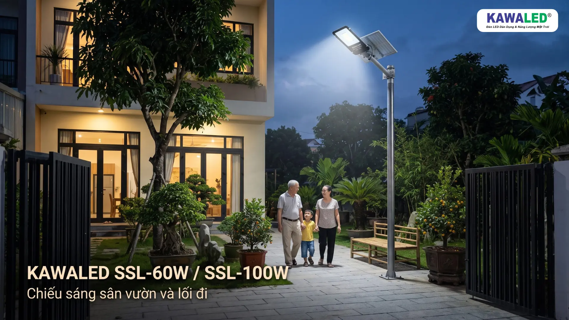 Đèn LED năng lượng mặt trời KAWALED SSL chiếu sáng sân vườn và lối đi vào ban đêm.