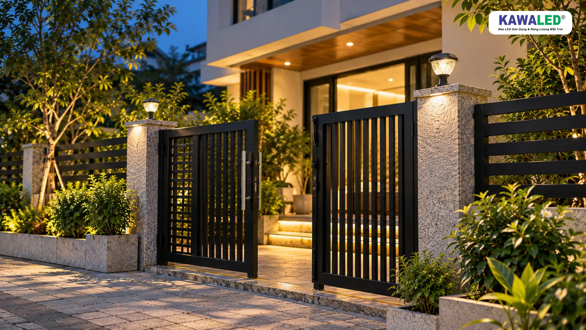 Đèn LED năng lượng mặt trời trụ hàng rào KAWALED SGC1-3M lắp trên trụ đá granite tại mặt tiền nhà.