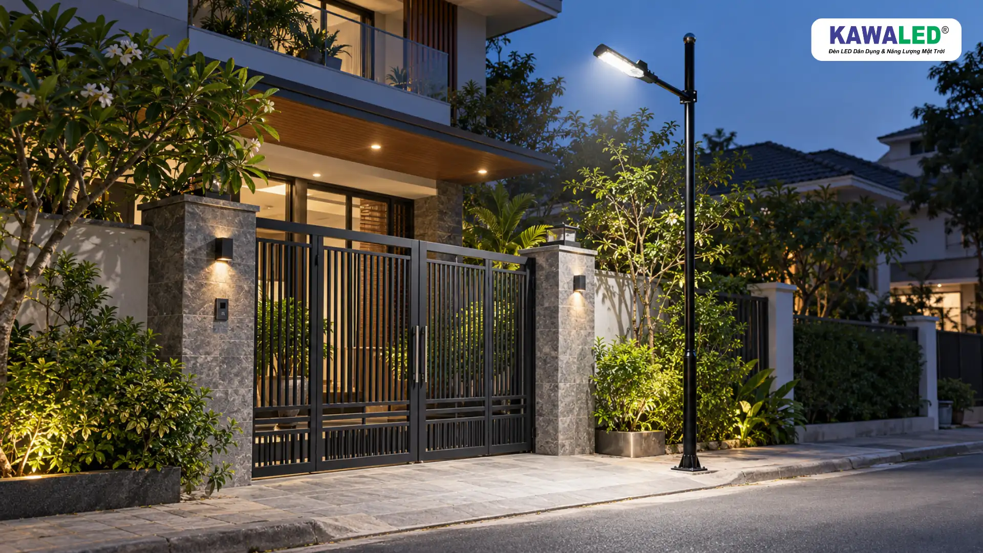 Đèn LED ngoài trời trên trụ đen chiếu sáng cổng sắt và lối ra vào nhà phố hiện đại.