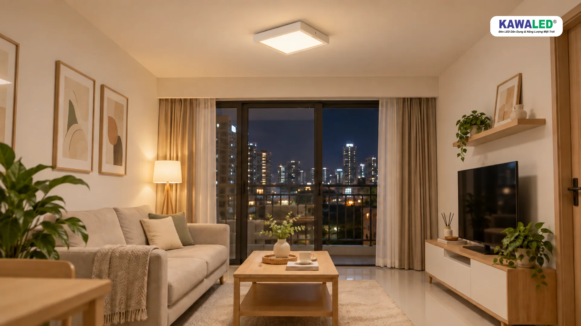 Đèn LED ốp trần vuông chiếu sáng phòng khách căn hộ cho thuê